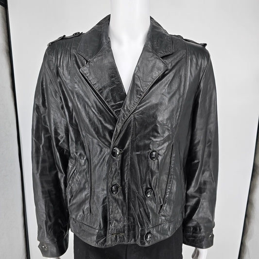 Vintage 1980s Oleg Cassini Mens Double Breasted Black Leather Jacket (Size 40/M)