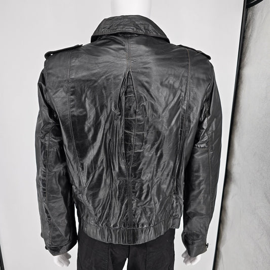 Vintage 1980s Oleg Cassini Mens Double Breasted Black Leather Jacket (Size 40/M)