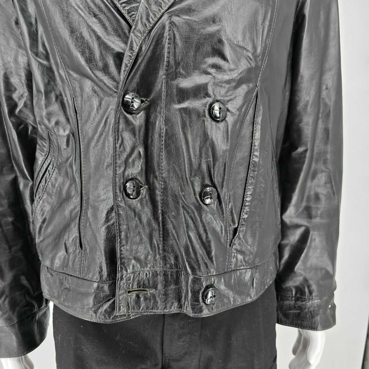 Vintage 1980s Oleg Cassini Mens Double Breasted Black Leather Jacket (Size 40/M)