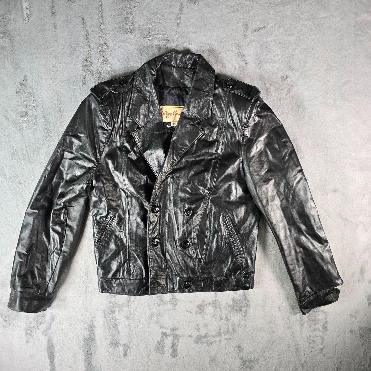 Vintage 1980s Oleg Cassini Mens Double Breasted Black Leather Jacket (Size 40/M)