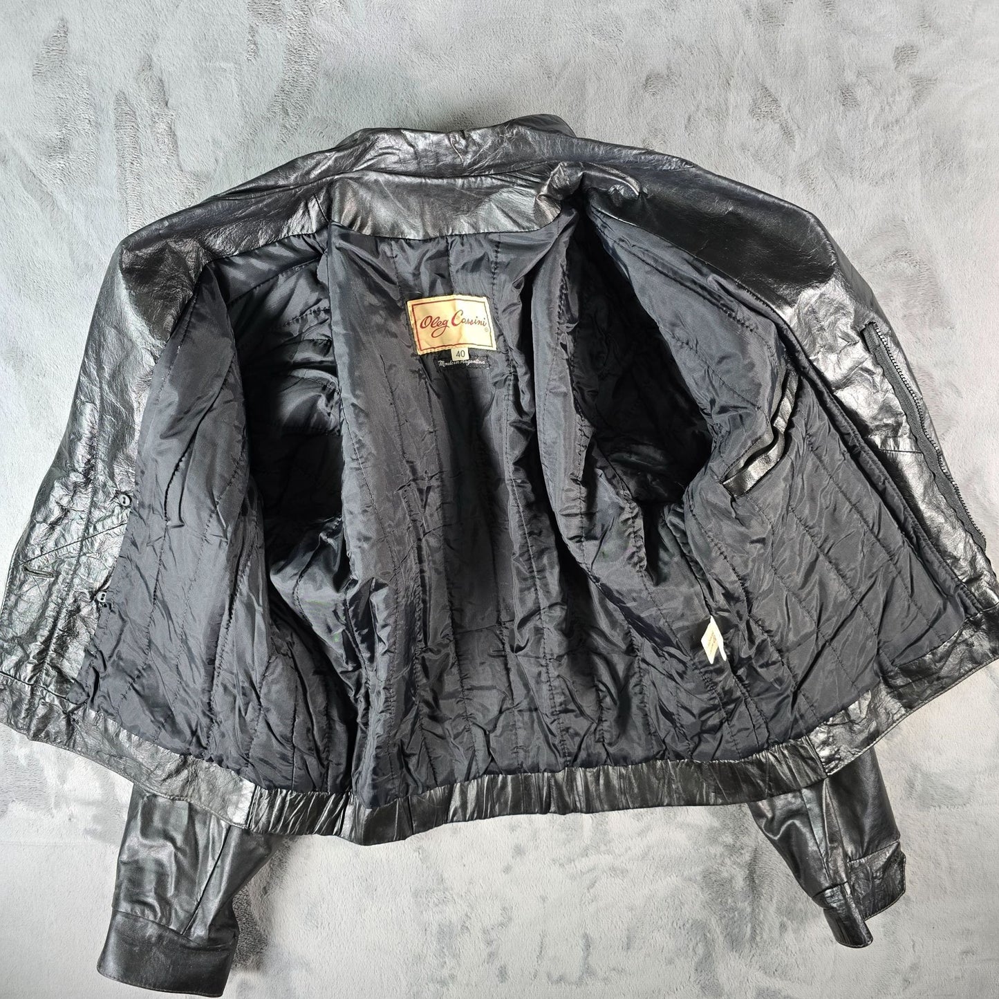 Vintage 1980s Oleg Cassini Mens Double Breasted Black Leather Jacket (Size 40/M)