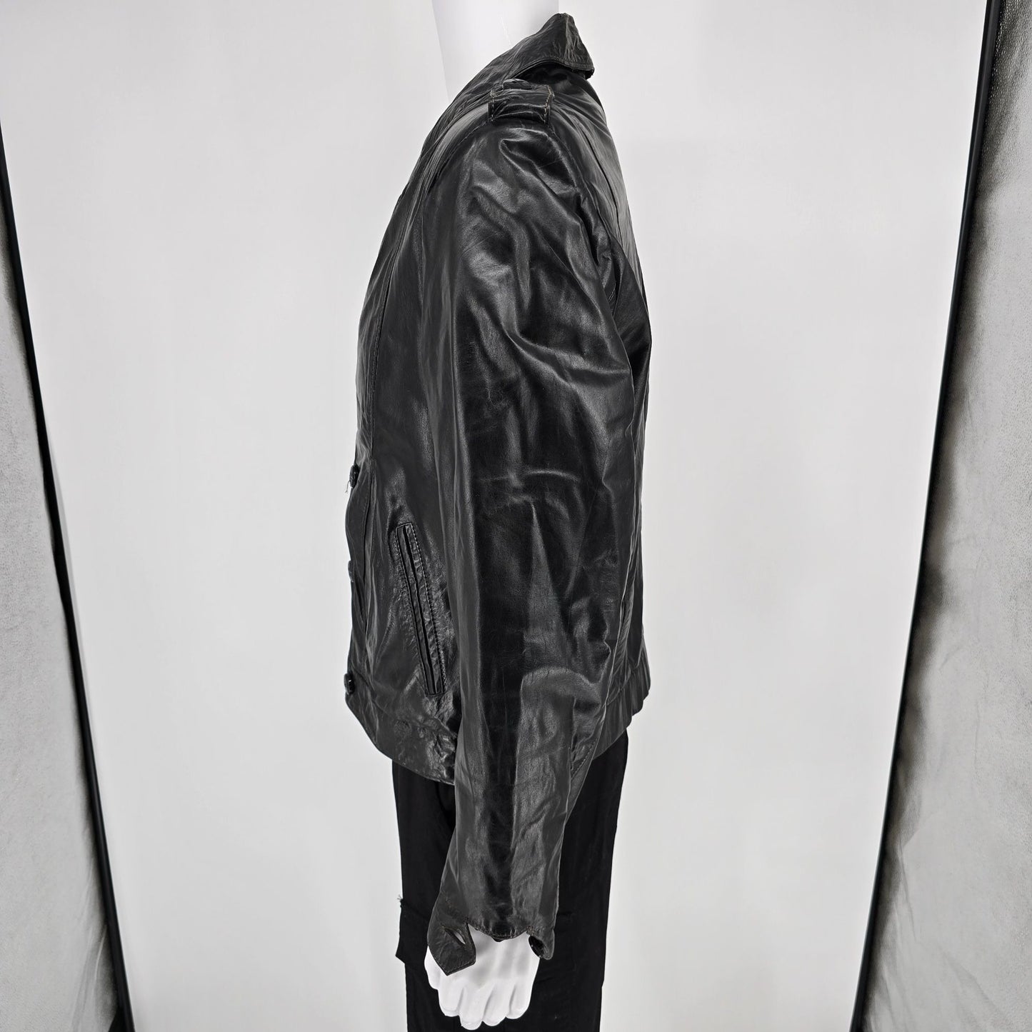 Vintage 1980s Oleg Cassini Mens Double Breasted Black Leather Jacket (Size 40/M)