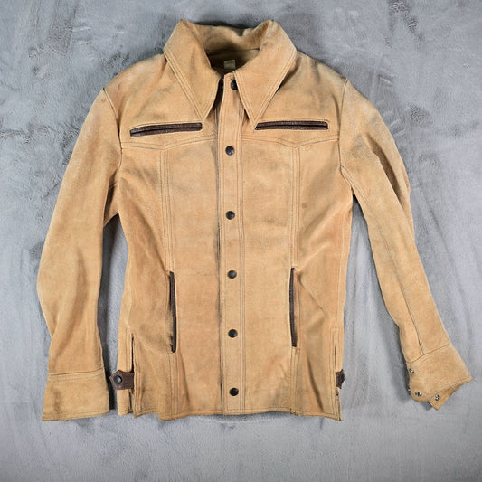 Vintage 1970s Dagger Collar Tan Suede Snap Button Western Jacket (Youth Large)