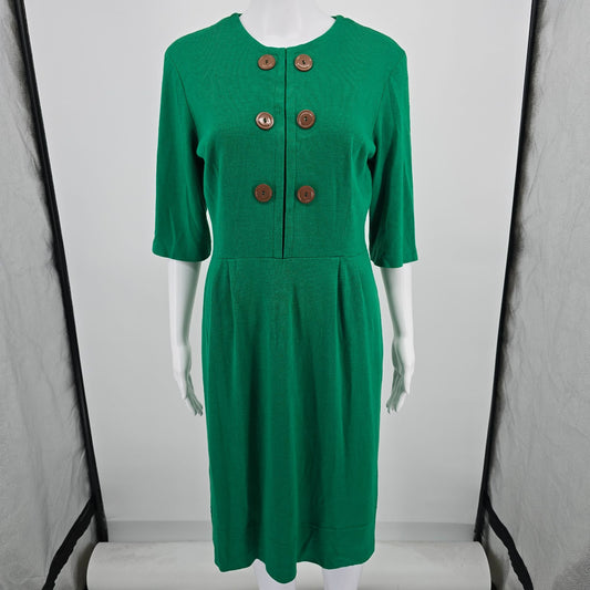 Vintage 1960s Kelly Green Faux Double-Breasted Elbow Sleeve Sheath Dress (12/L)