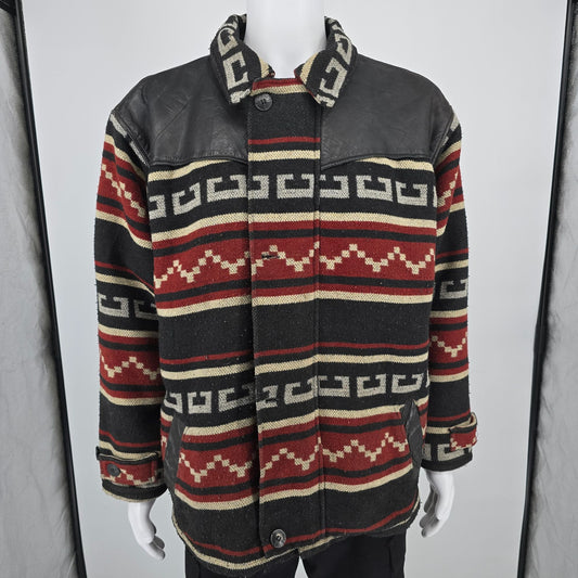 Distressed Vintage 1990s Avirex Leather Yoke Southwestern Blanket Jacket (L)