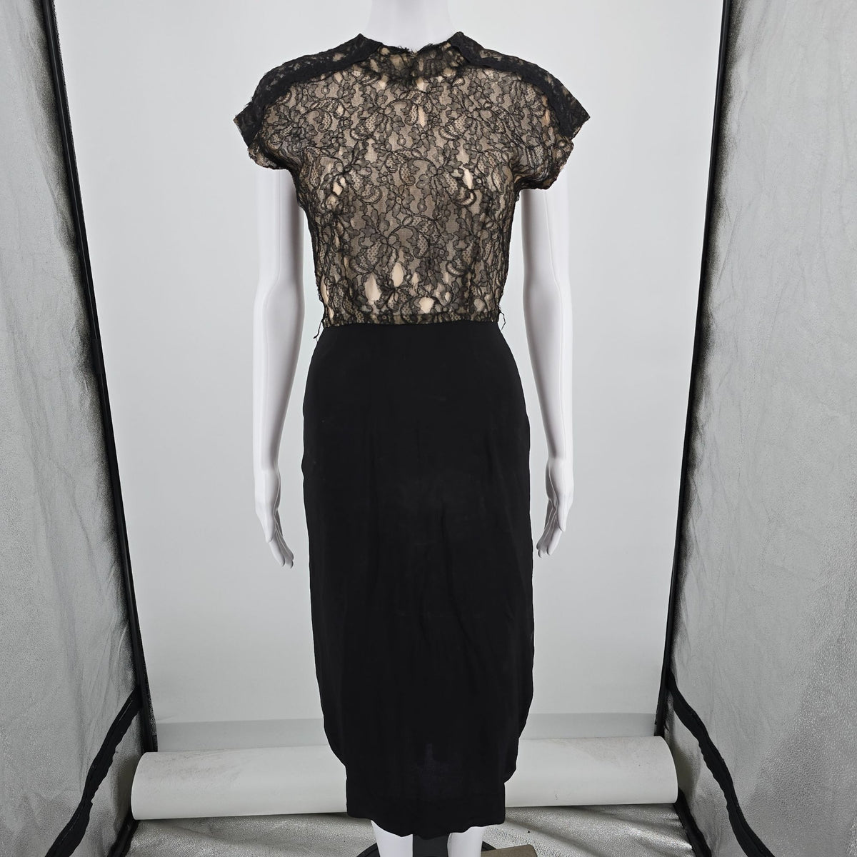 Distressed Vintage 1940s Black Lace Illusion Bodice Romantic Goth Dress (XS)