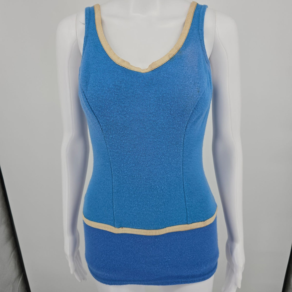 Vintage 1950s Women's Blue One Piece Modesty Skirt Knit Maillot Swimsuit (XS)