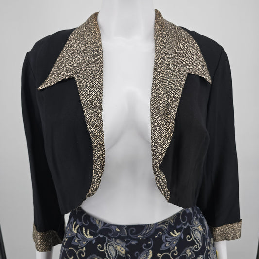 Vintage 1980s Black Abstract Contrast Trim Open Front Cropped Bolero Jacket (M)