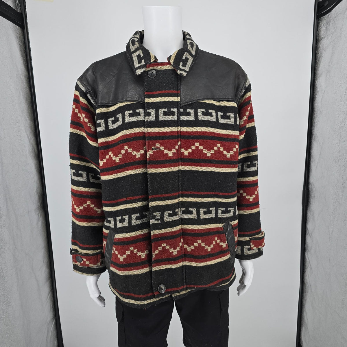 Distressed Vintage 1990s Avirex Leather Yoke Southwestern Blanket Jacket (L)