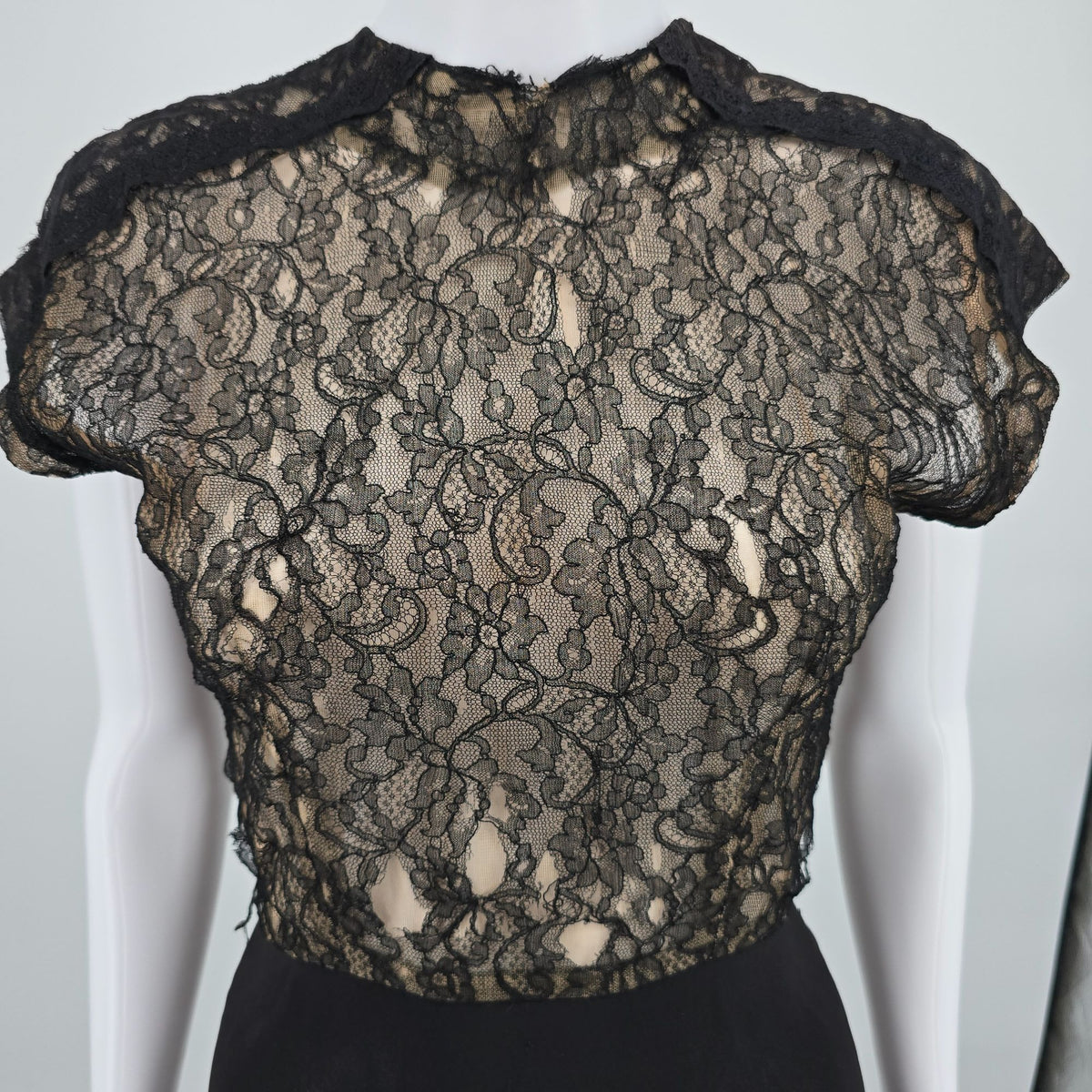 Distressed Vintage 1940s Black Lace Illusion Bodice Romantic Goth Dress (XS)