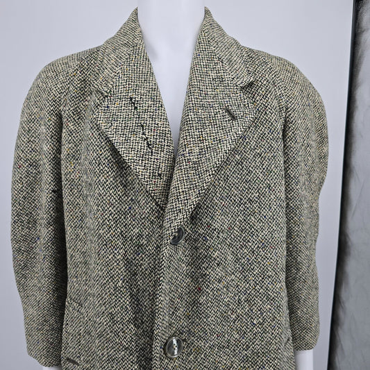 Vintage 1950s Burberrys London Donegal-Style Flecked Tweed Overcoat (L) *Damaged