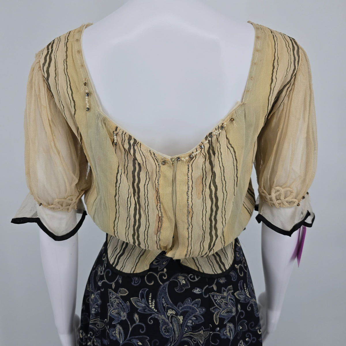 Antique 1910s Edwardian Embellished Sheer Striped Scalloped Hem Blouse (S) *Fair