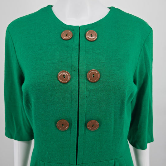 Vintage 1960s Kelly Green Faux Double-Breasted Elbow Sleeve Sheath Dress (12/L)