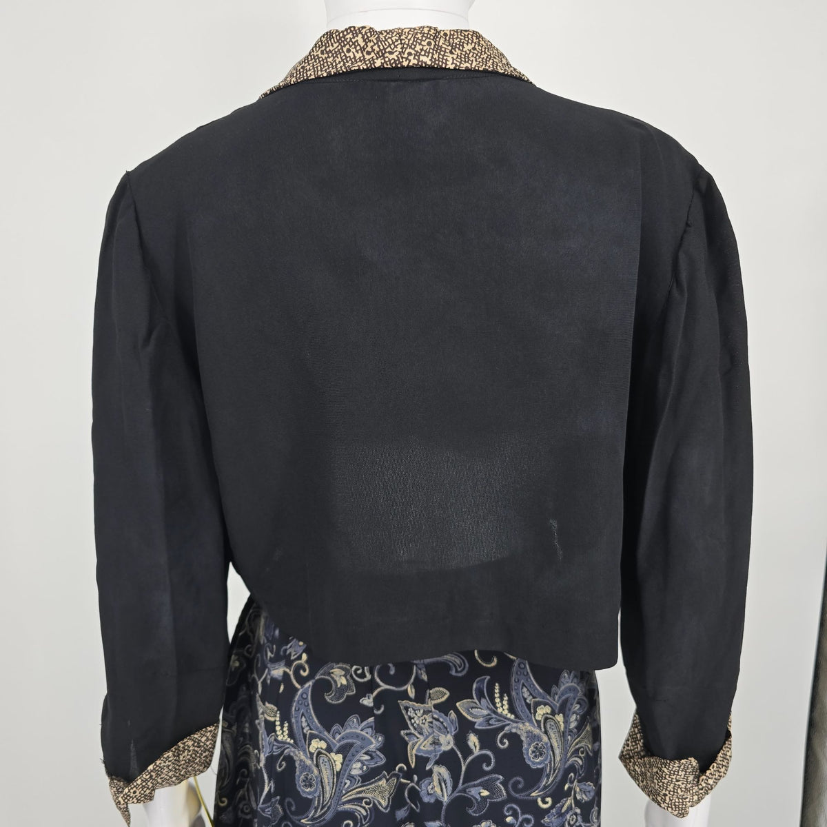 Vintage 1980s Black Abstract Contrast Trim Open Front Cropped Bolero Jacket (M)
