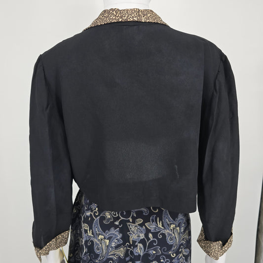 Vintage 1980s Black Abstract Contrast Trim Open Front Cropped Bolero Jacket (M)
