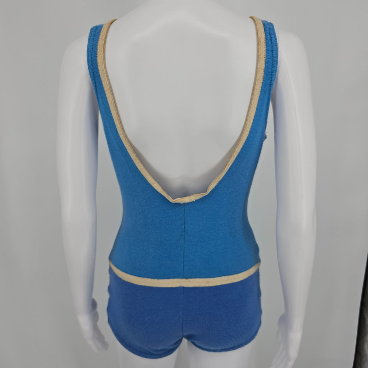 Vintage 1950s Women's Blue One Piece Modesty Skirt Knit Maillot Swimsuit (XS)