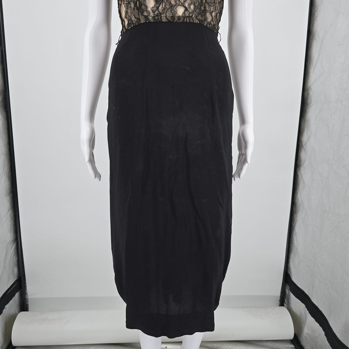 Distressed Vintage 1940s Black Lace Illusion Bodice Romantic Goth Dress (XS)