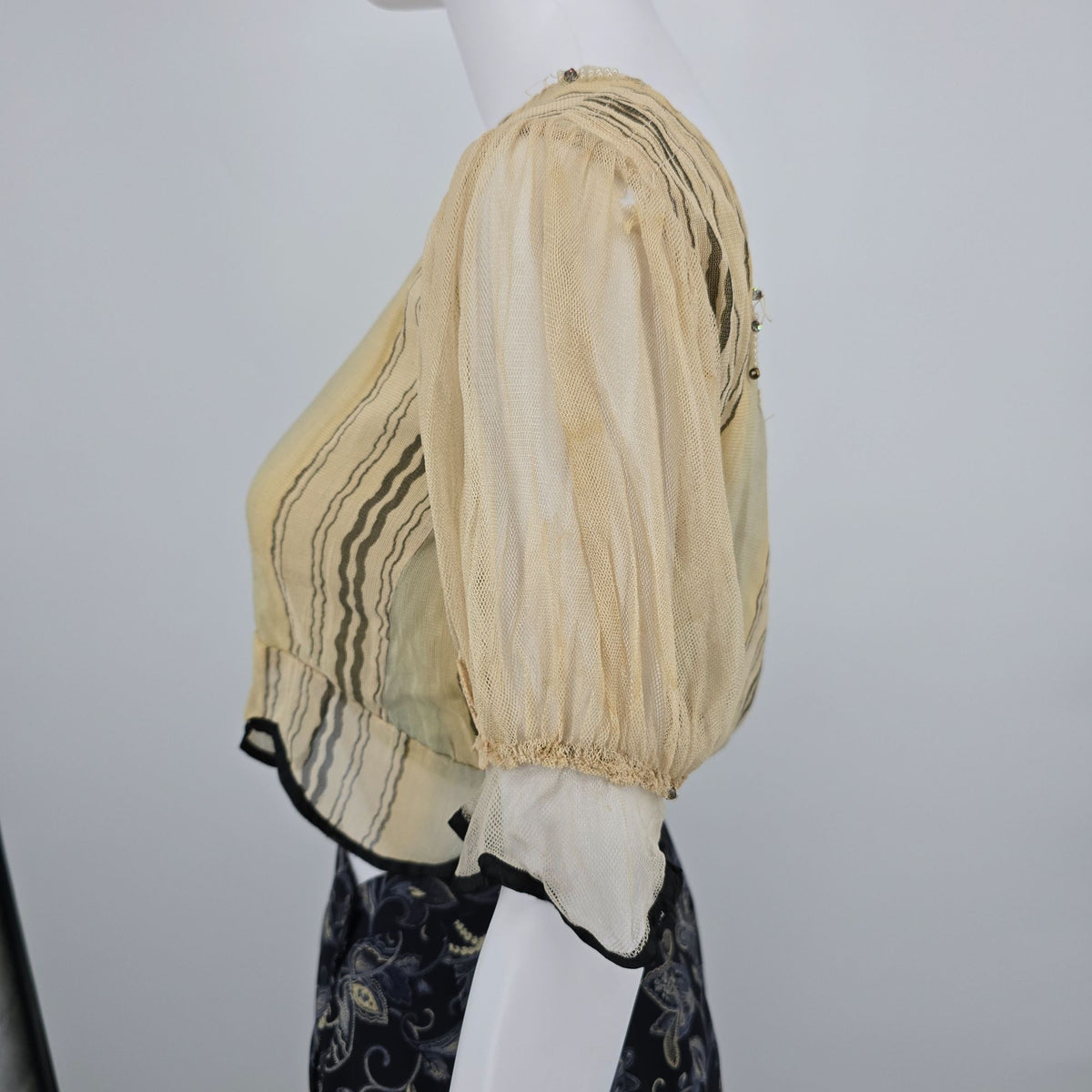 Antique 1910s Edwardian Embellished Sheer Striped Scalloped Hem Blouse (S) *Fair