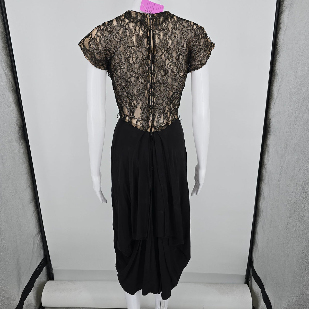 Distressed Vintage 1940s Black Lace Illusion Bodice Romantic Goth Dress (XS)
