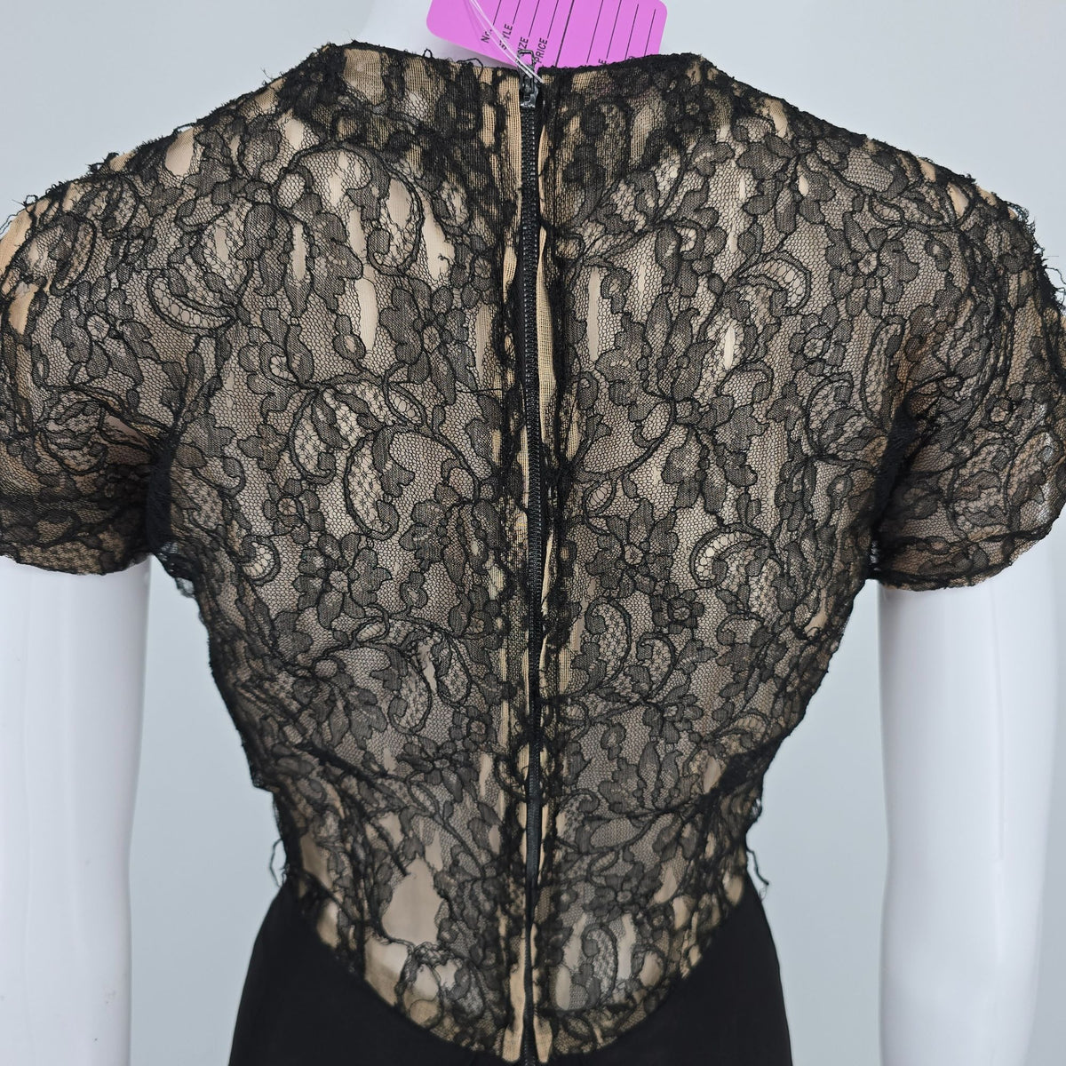 Distressed Vintage 1940s Black Lace Illusion Bodice Romantic Goth Dress (XS)