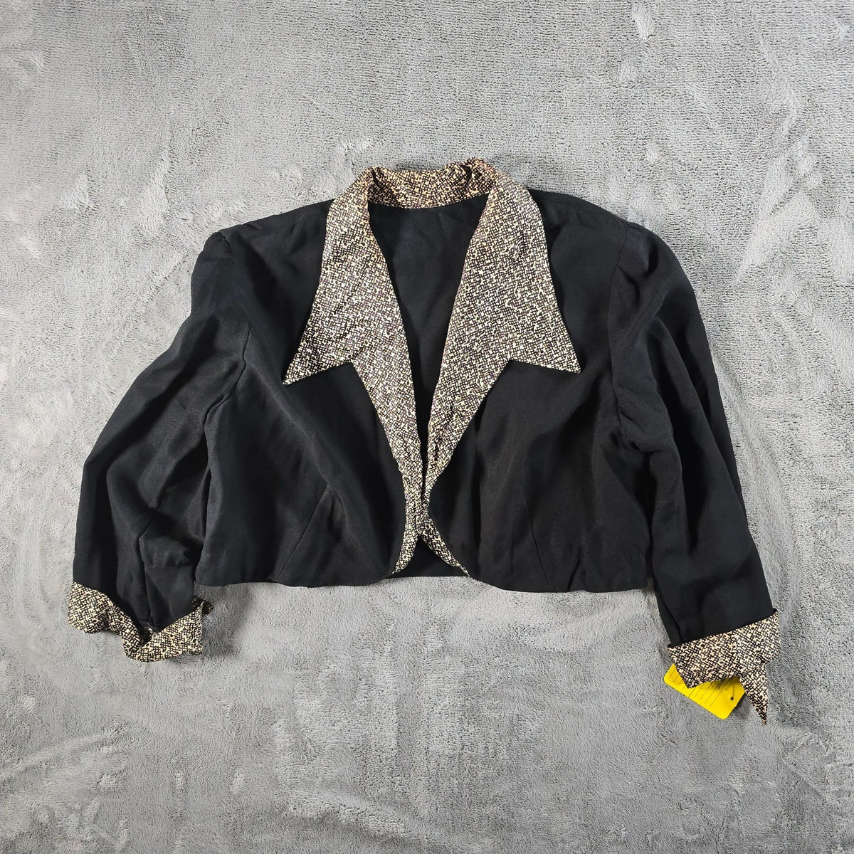 Vintage 1980s Black Abstract Contrast Trim Open Front Cropped Bolero Jacket (M)