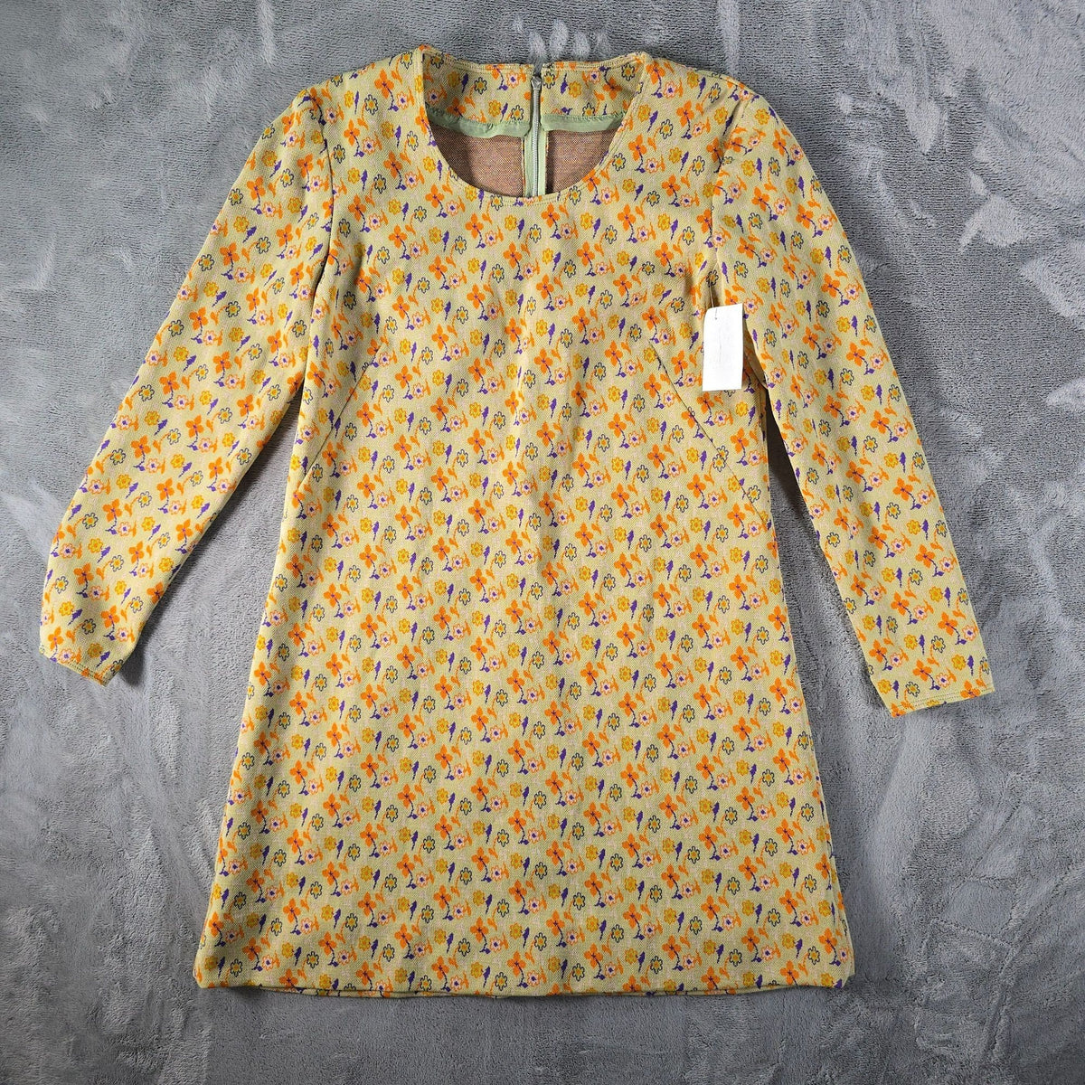 Vintage Early 1970s Floral Long Sleeve Metal Zipper A-Line Shift Mini Dress (L)