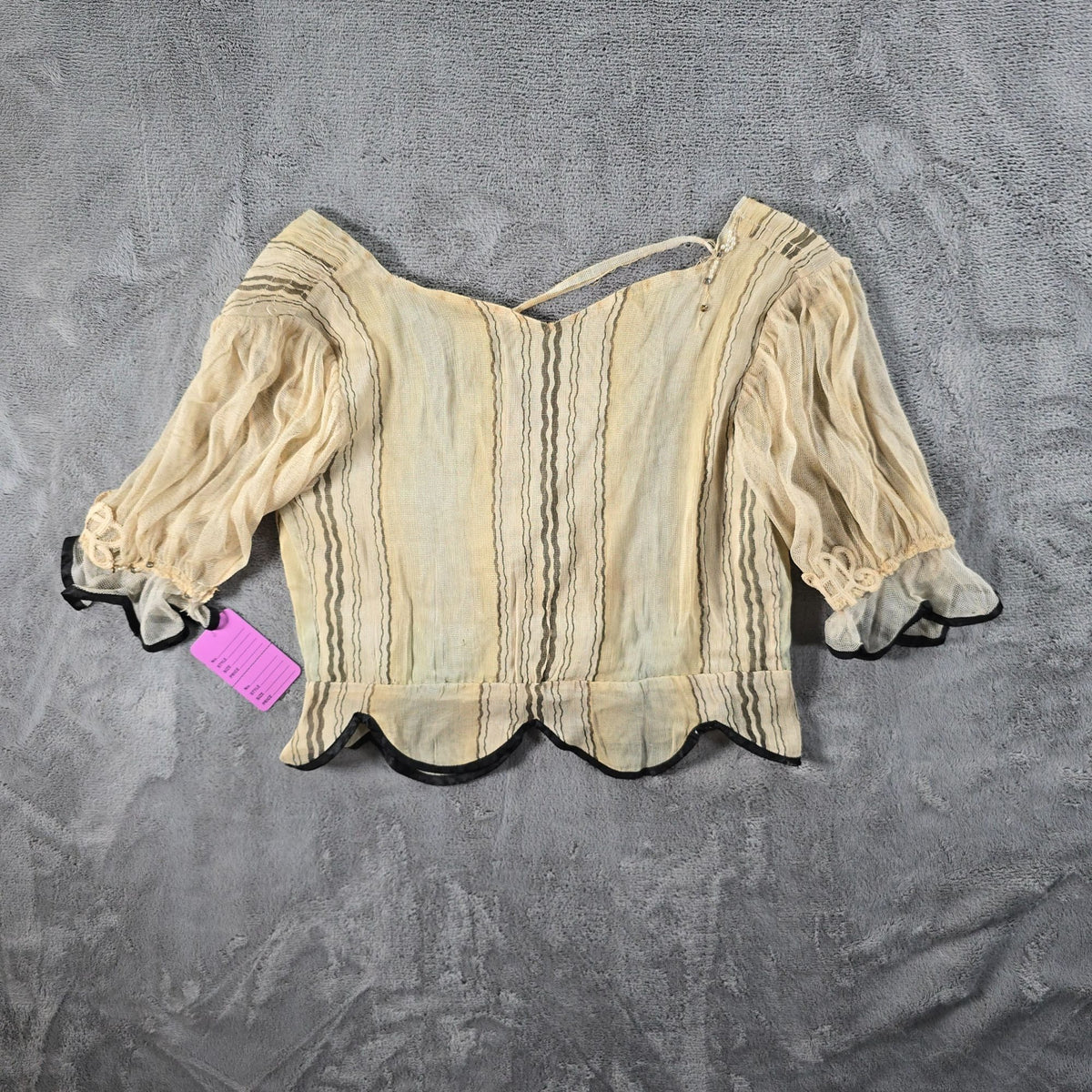 Antique 1910s Edwardian Embellished Sheer Striped Scalloped Hem Blouse (S) *Fair