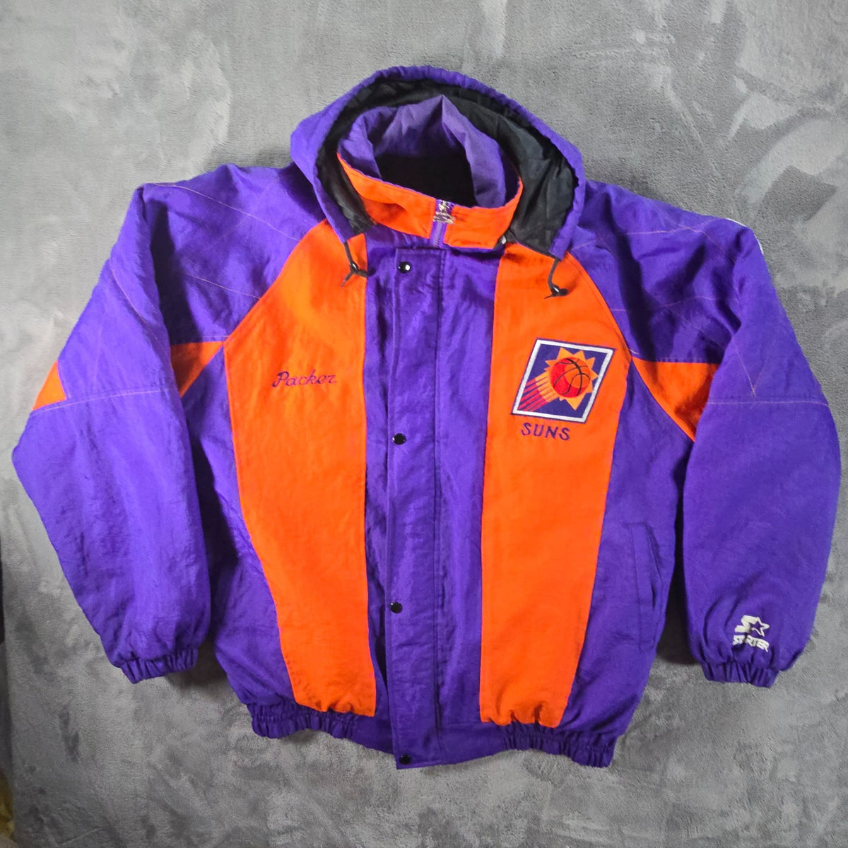 Vintage 1990s Starter Phoenix Suns Insulated/Hooded Color Block Jacket (XL/XXL)