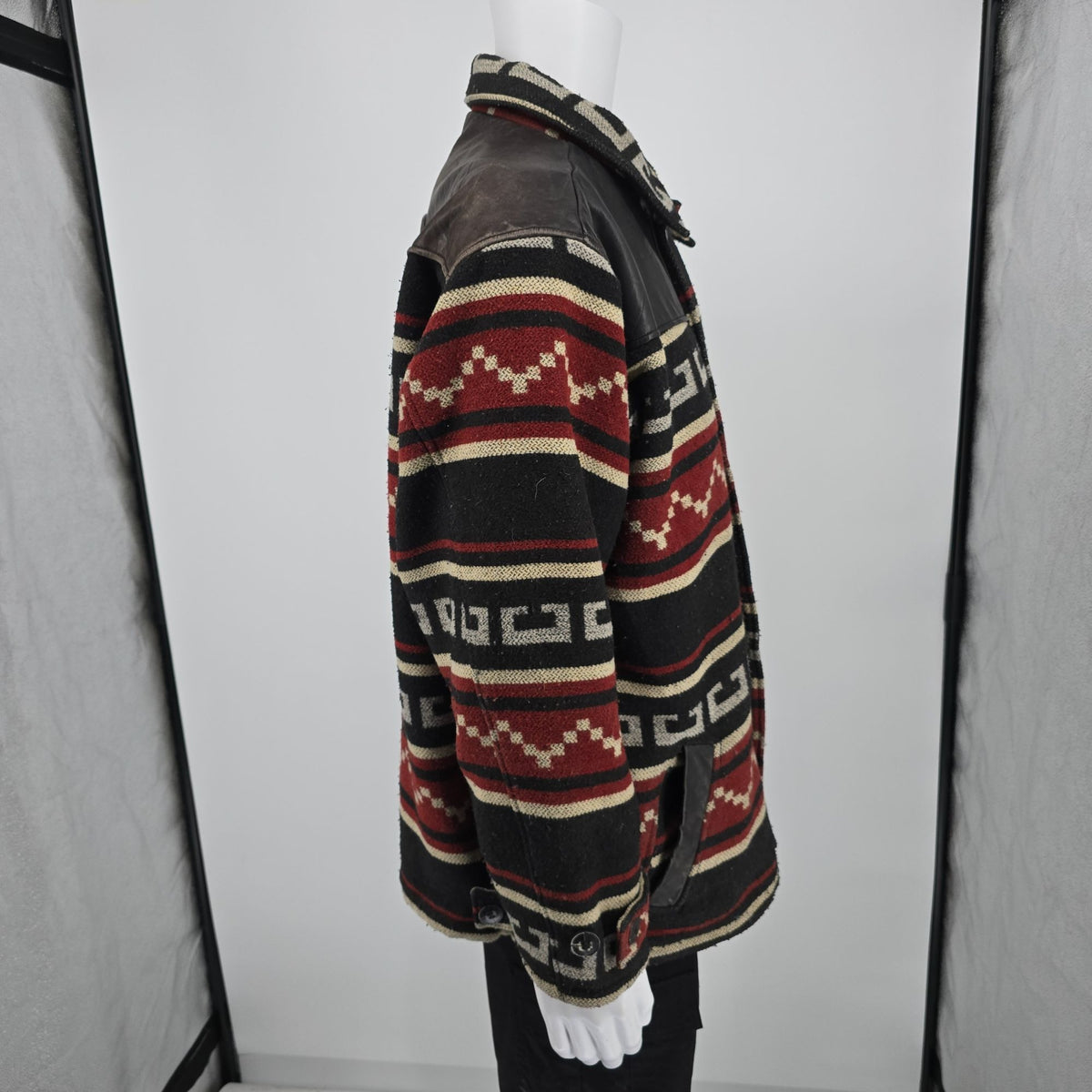 Distressed Vintage 1990s Avirex Leather Yoke Southwestern Blanket Jacket (L)