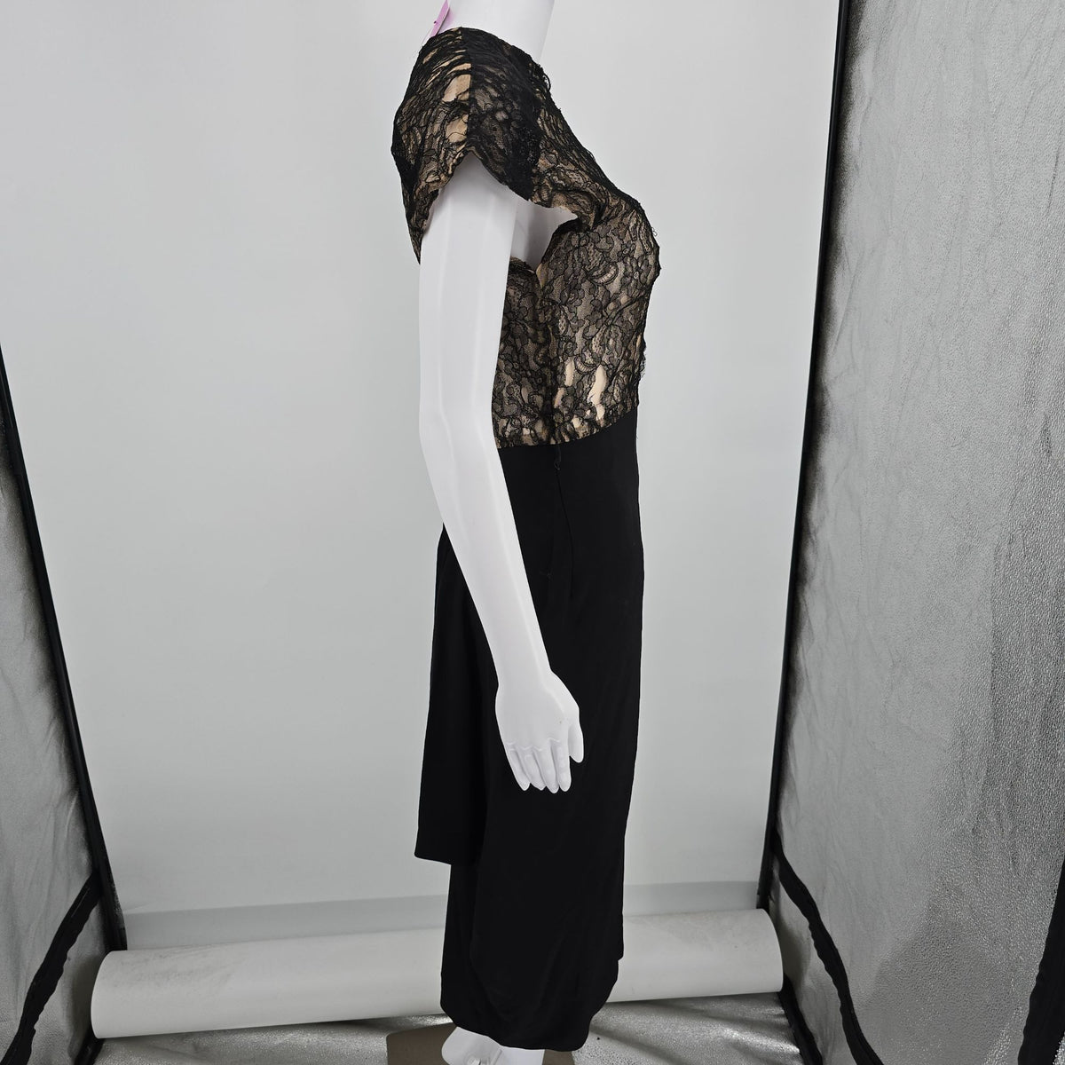 Distressed Vintage 1940s Black Lace Illusion Bodice Romantic Goth Dress (XS)
