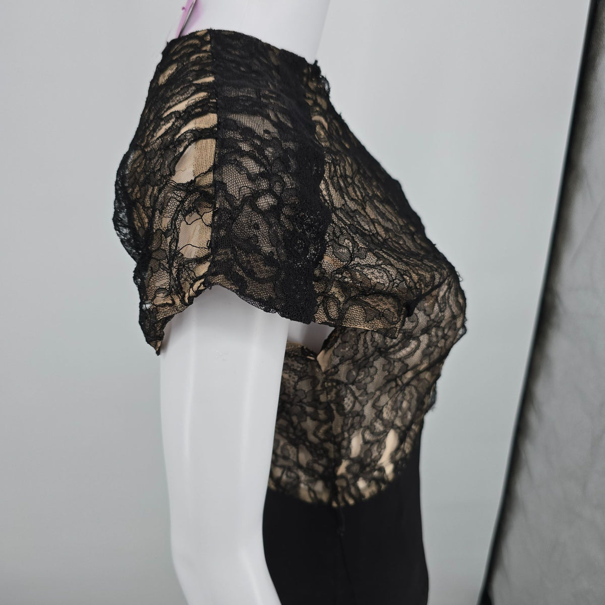 Distressed Vintage 1940s Black Lace Illusion Bodice Romantic Goth Dress (XS)