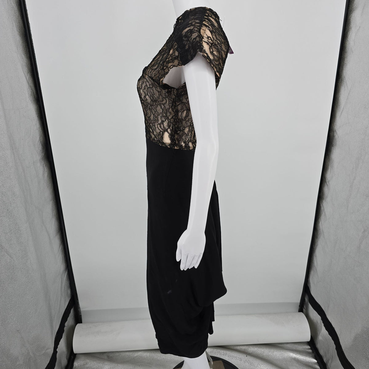 Distressed Vintage 1940s Black Lace Illusion Bodice Romantic Goth Dress (XS)