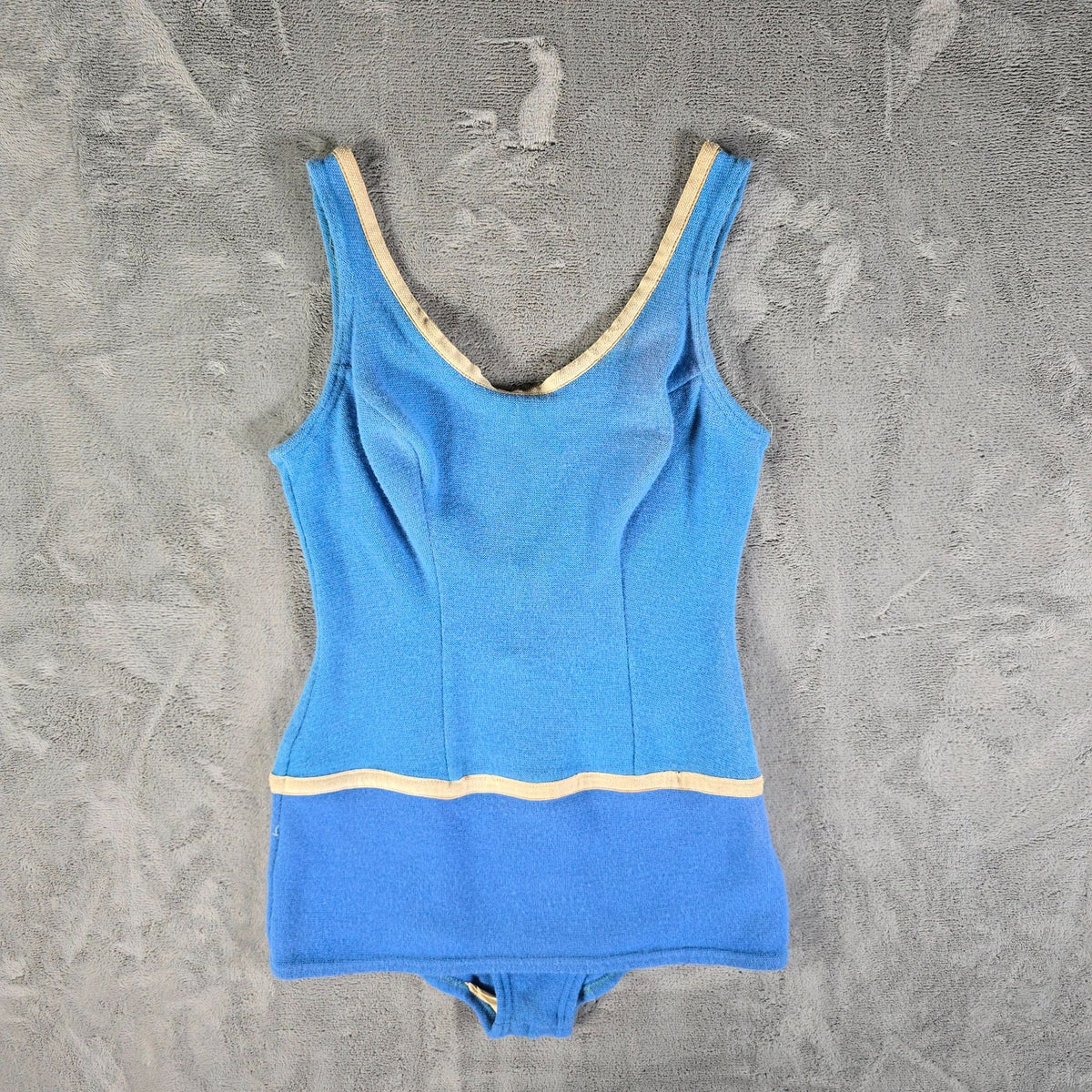 Vintage 1950s Women's Blue One Piece Modesty Skirt Knit Maillot Swimsuit (XS)