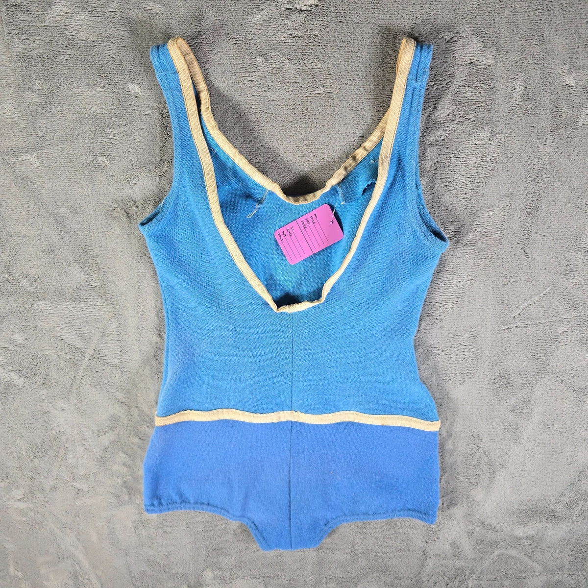 Vintage 1950s Women's Blue One Piece Modesty Skirt Knit Maillot Swimsuit (XS)