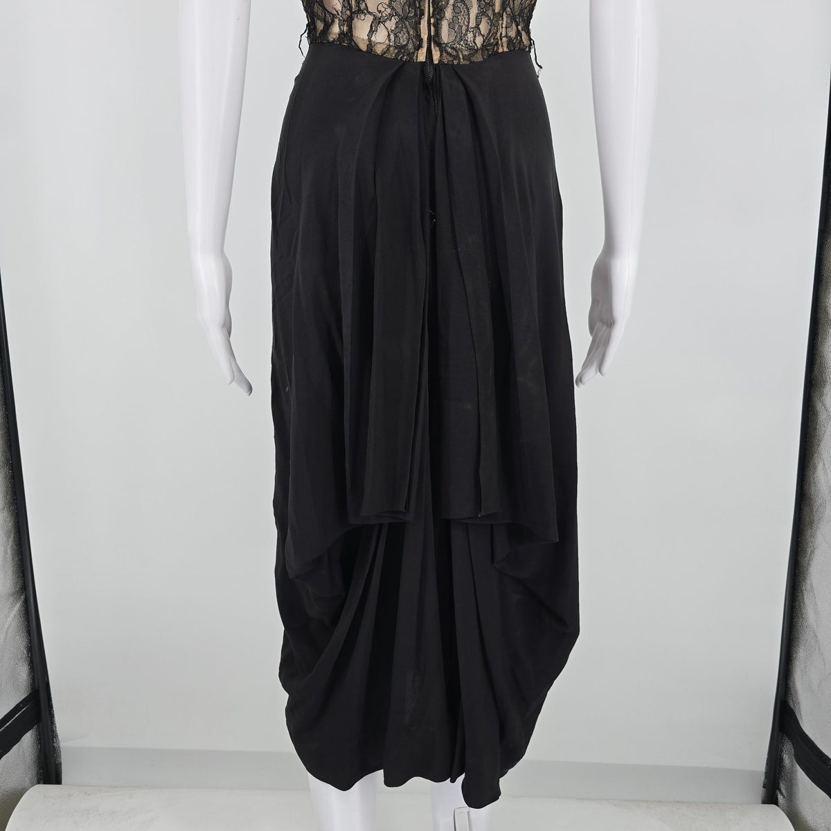 Distressed Vintage 1940s Black Lace Illusion Bodice Romantic Goth Dress (XS)