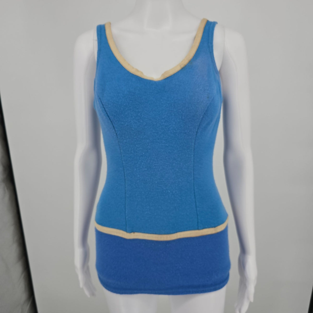 Vintage 1950s Women's Blue One Piece Modesty Skirt Knit Maillot Swimsuit (XS)