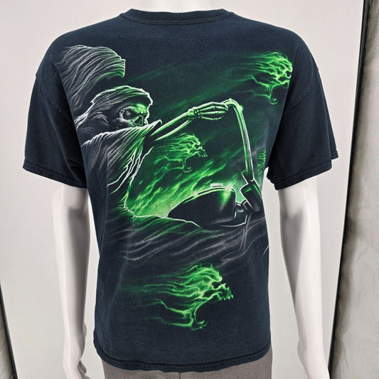 Vintage Y2K Grim Reaper/Ghost Rider Motorcycle Biker Graphic T-Shirt (XL)