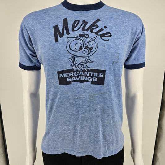 Vintage 1970s Mercantile Savings Bank Cincinnati Merkie the Owl Ringer Tee (M)