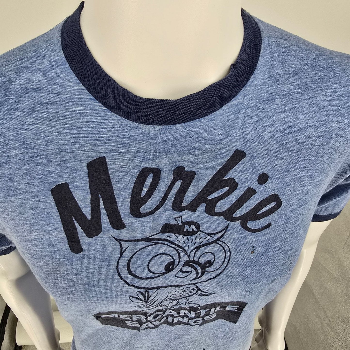 Vintage 1970s Mercantile Savings Bank Cincinnati Merkie the Owl Ringer Tee (M)