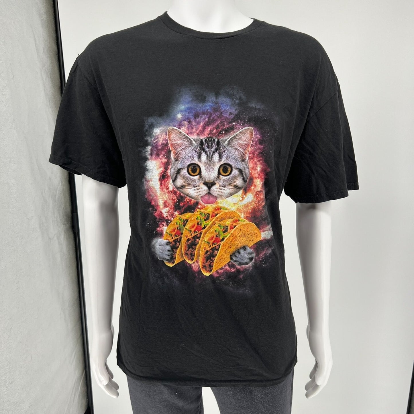 Delta Soft Space Cat Tacos Galaxy Novelty Graphic Black Cotton T-Shirt (2XL)