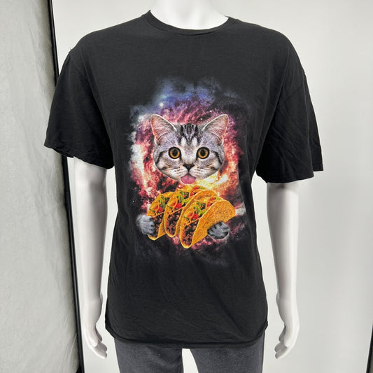 Delta Soft Space Cat Tacos Galaxy Novelty Graphic Black Cotton T-Shirt (2XL)