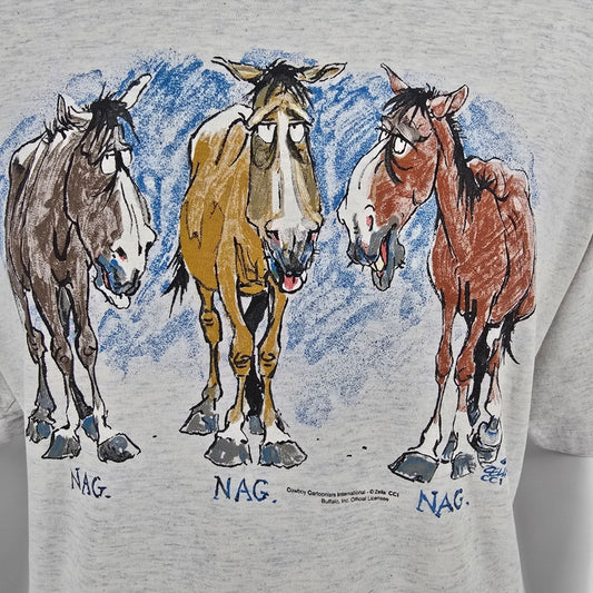 Vintage 1990s Buffalo Cal Cru Zella CCI "Nag Nag Nag" Horses T-Shirt (XL)