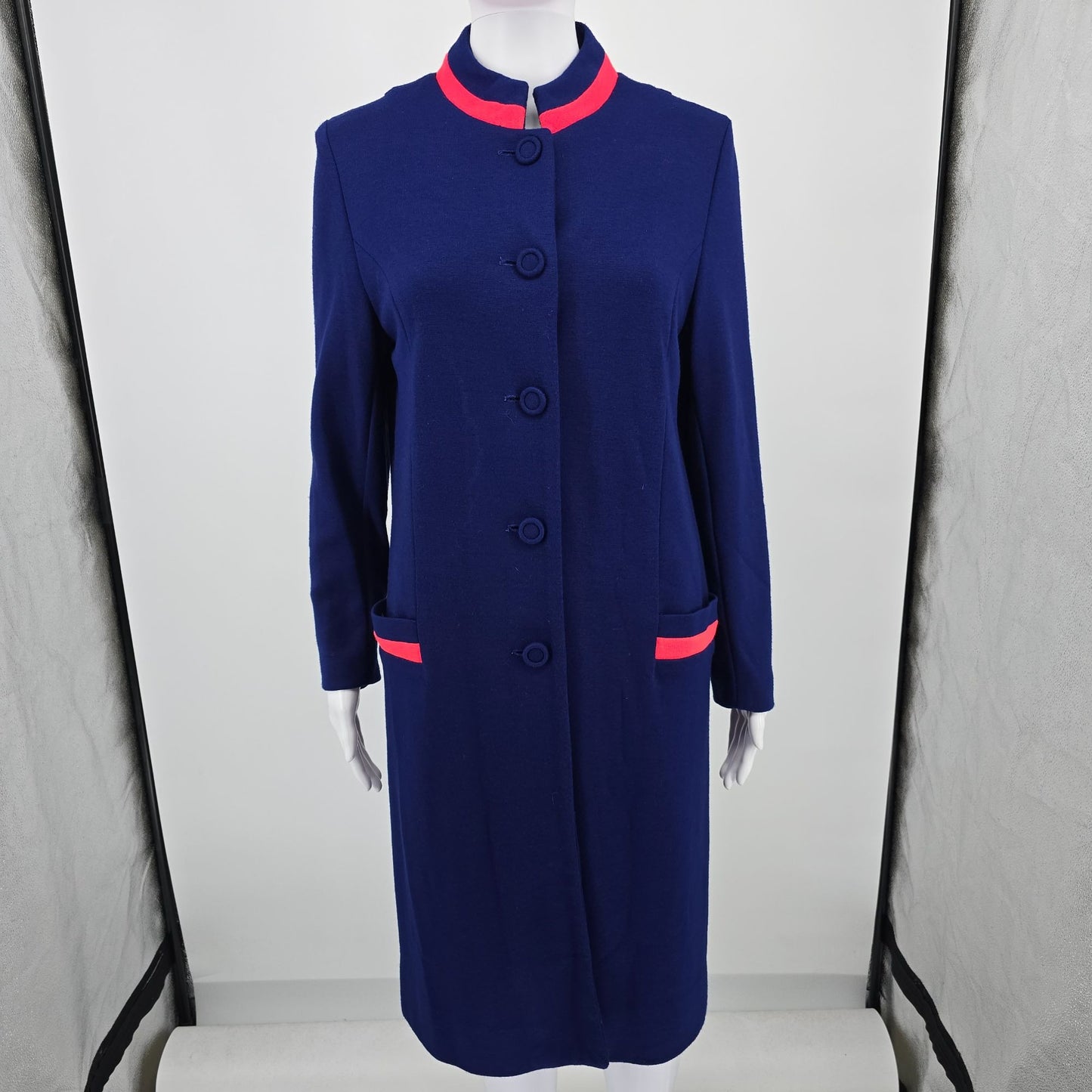 Vintage 1960s Joyce Navy Blue/Pink Knee Length Stand Collar Mod Coat (S)