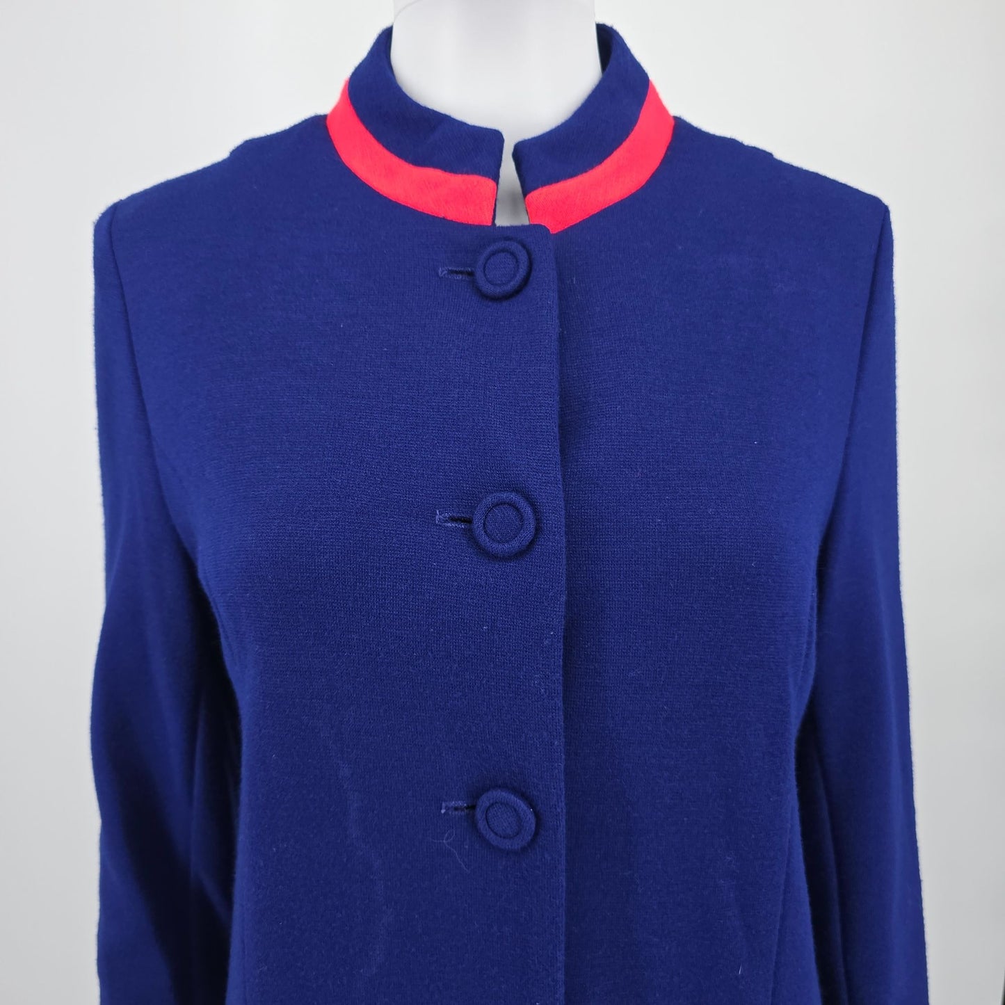 Vintage 1960s Joyce Navy Blue/Pink Knee Length Stand Collar Mod Coat (S)