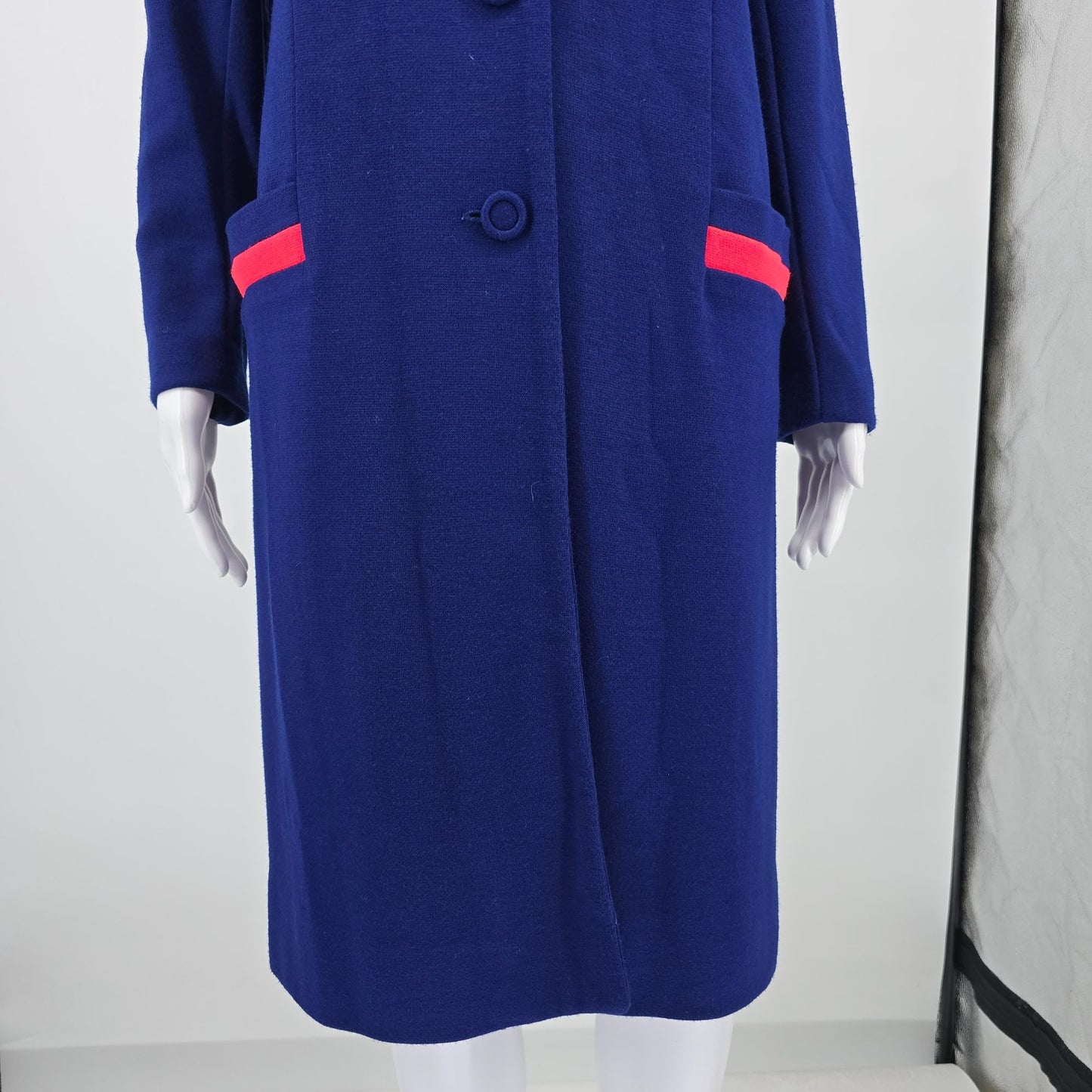 Vintage 1960s Joyce Navy Blue/Pink Knee Length Stand Collar Mod Coat (S)