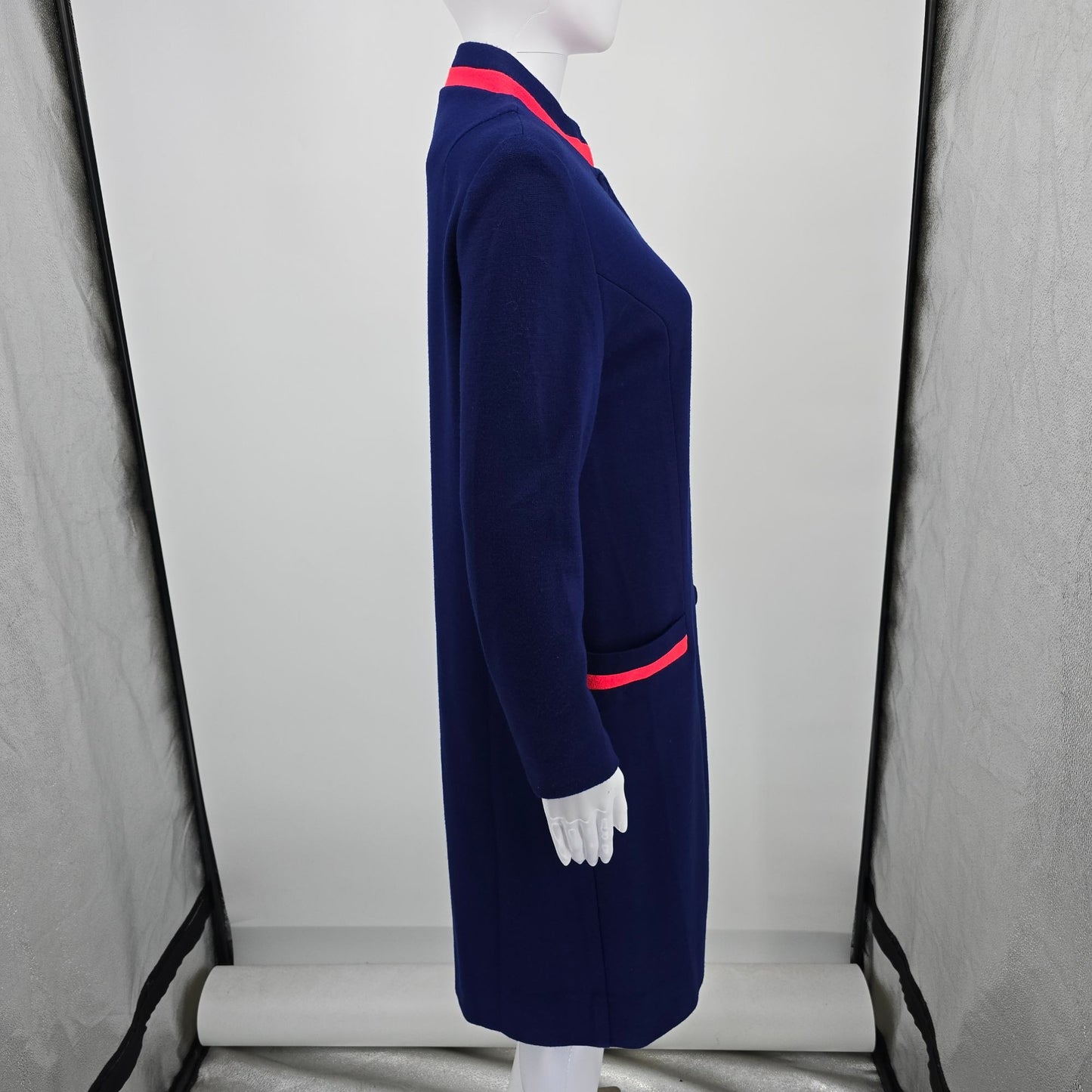 Vintage 1960s Joyce Navy Blue/Pink Knee Length Stand Collar Mod Coat (S)