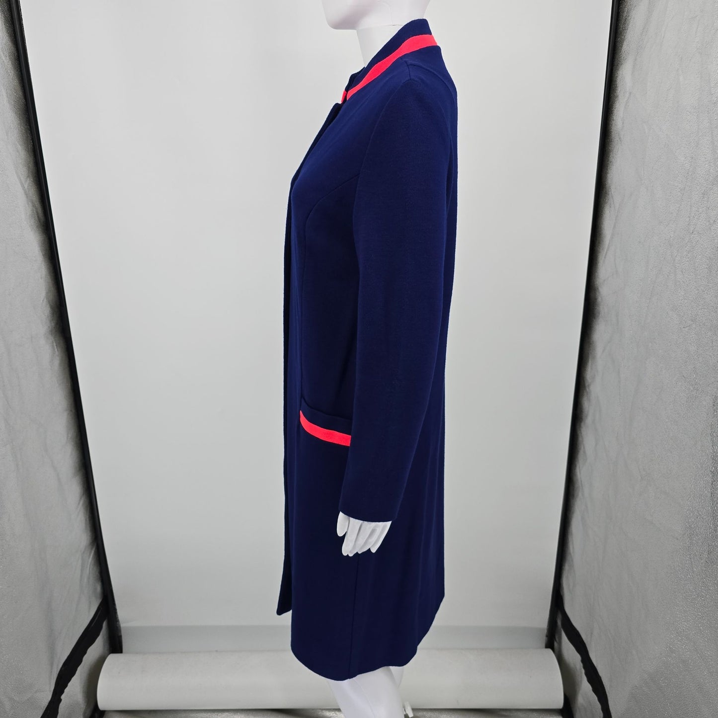 Vintage 1960s Joyce Navy Blue/Pink Knee Length Stand Collar Mod Coat (S)