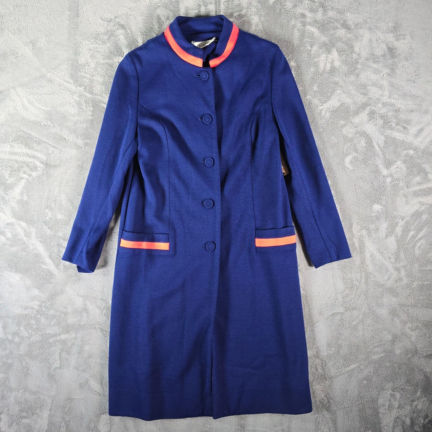 Vintage 1960s Joyce Navy Blue/Pink Knee Length Stand Collar Mod Coat (S)