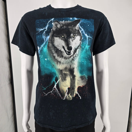 2010s Tony Hawk Black/Blue Mottled Wash Lightning Wolf T-Shirt (M) *Flaw