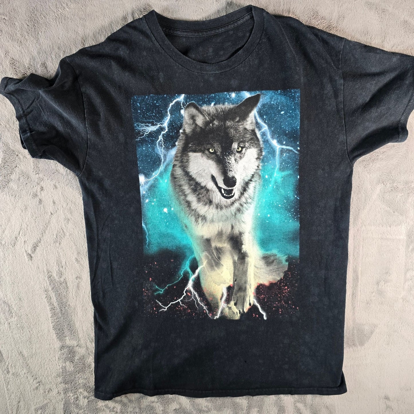 2010s Tony Hawk Black/Blue Mottled Wash Lightning Wolf T-Shirt (M) *Flaw